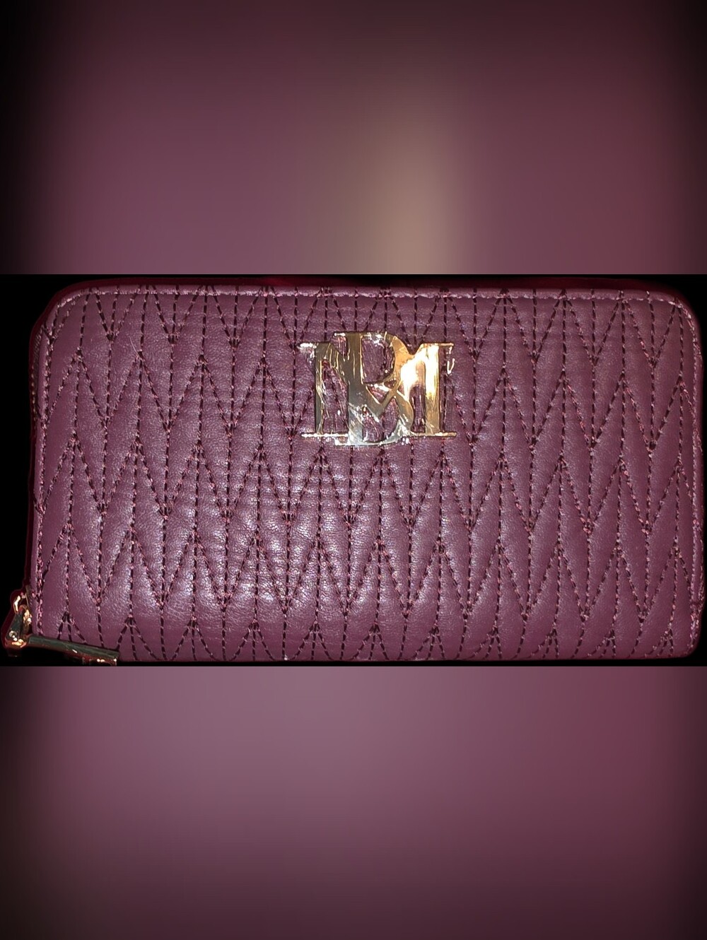 Quilted Zip Wallet in Plum w/Goldtone Hardware